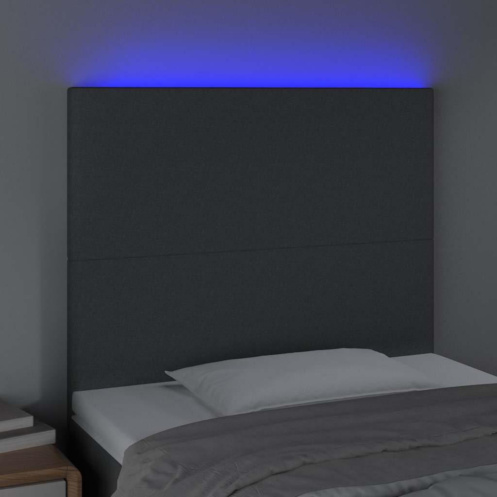 sengegavl med LED-lys 100x5x118/128 cm stof mørkegrå