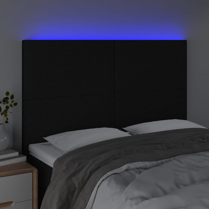 sengegavl med LED-lys 144x5x118/128 cm stof sort