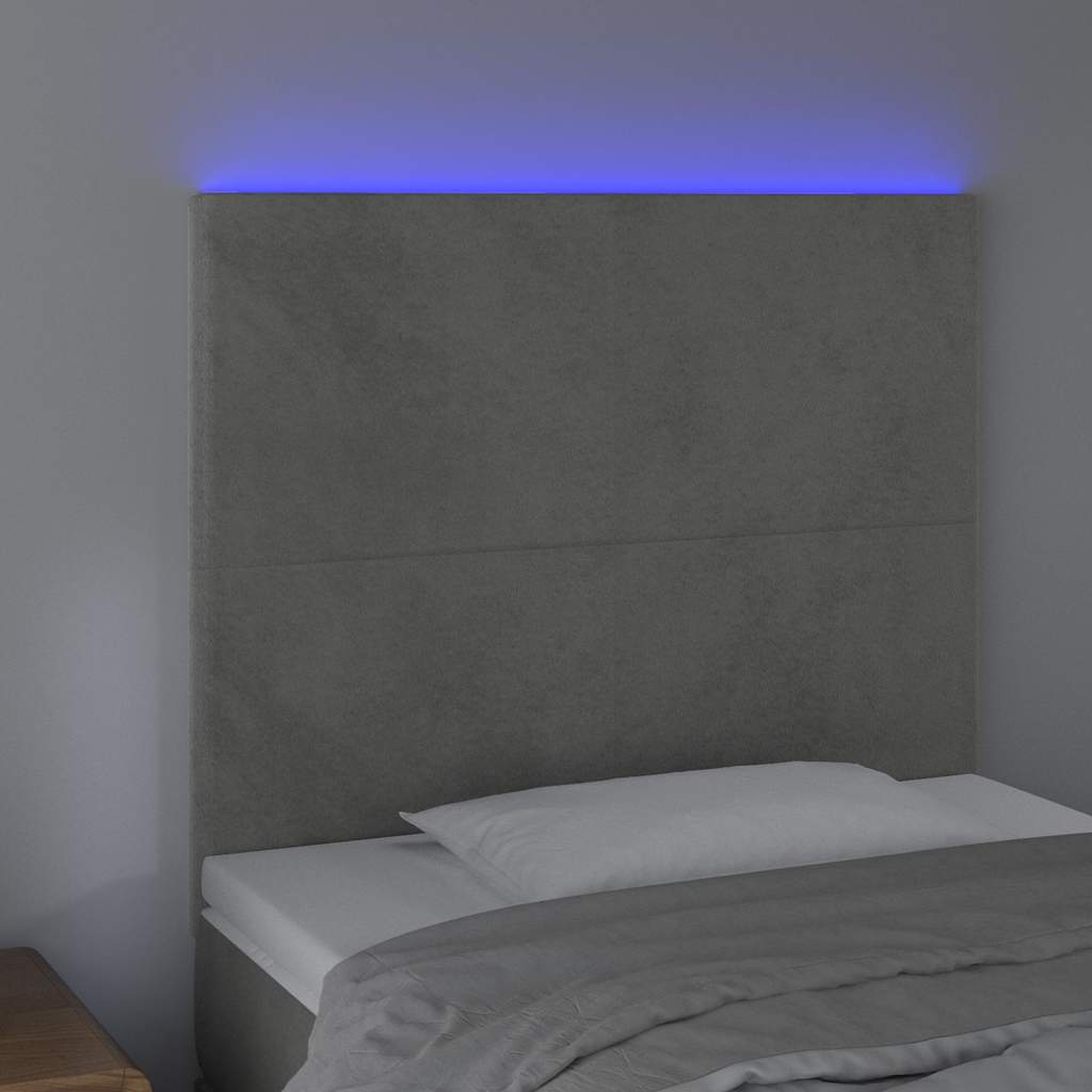sengegavl med LED-lys 80x5x118/128 cm fløjl lysegrå