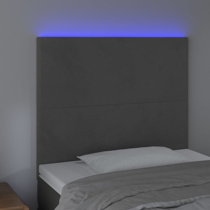 sengegavl med LED-lys 80x5x118/128 cm fløjl mørkegrå