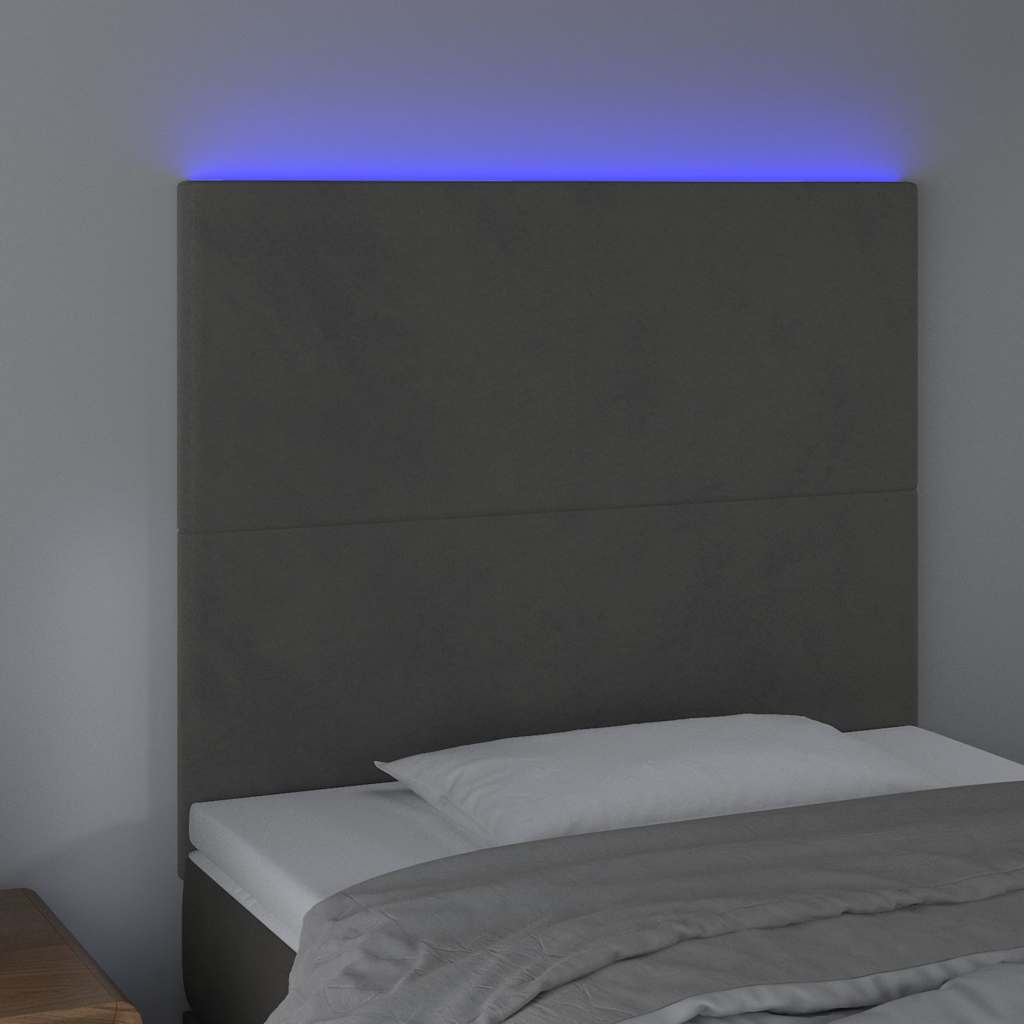 sengegavl med LED-lys 90x5x118/128 cm fløjl mørkegrå