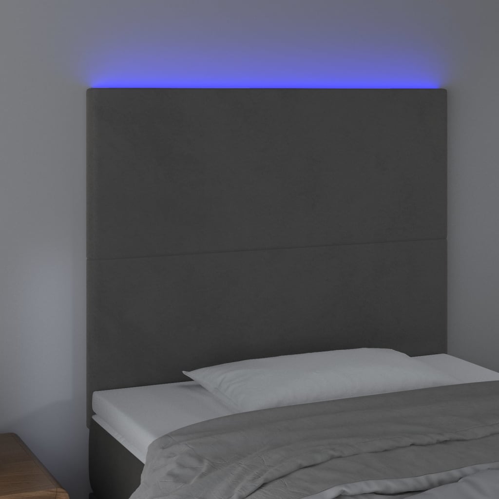 sengegavl med LED-lys 100x5x118/128 cm fløjl mørkegrå