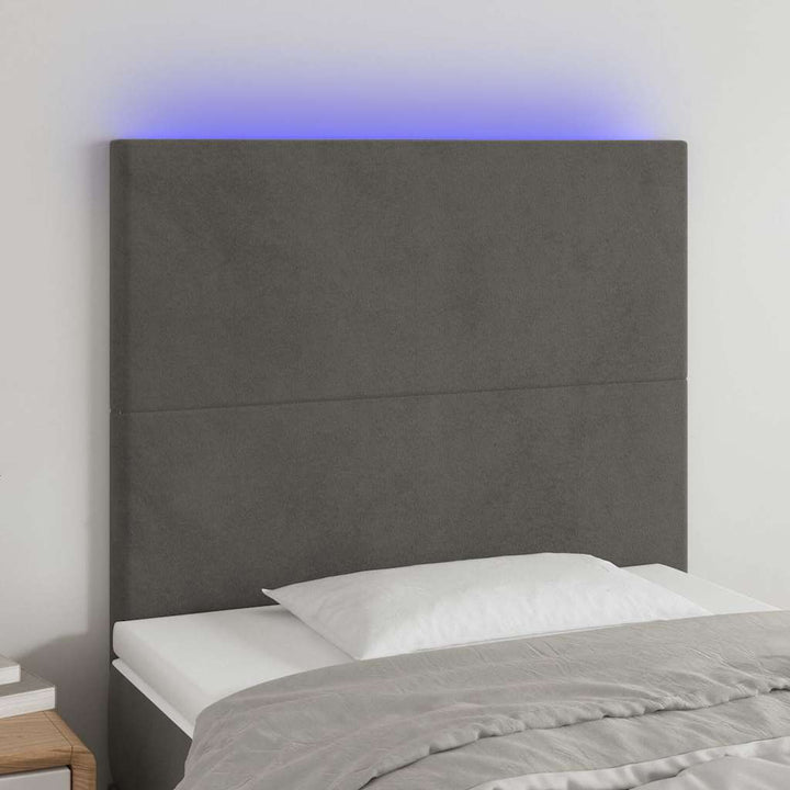 sengegavl med LED-lys 100x5x118/128 cm fløjl mørkegrå
