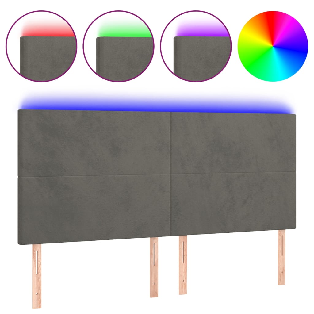 sengegavl med LED-lys 160x5x118/128 cm fløjl mørkegrå