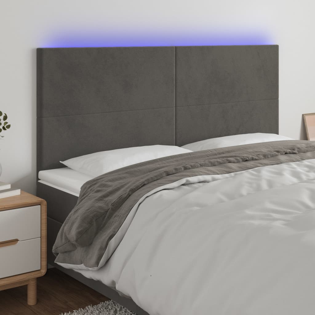 sengegavl med LED-lys 160x5x118/128 cm fløjl mørkegrå