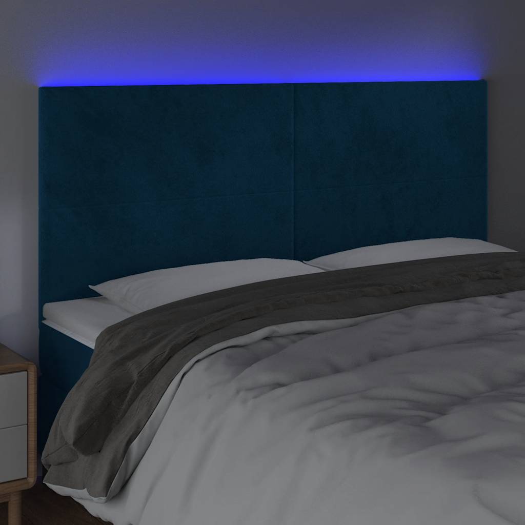 sengegavl med LED-lys 160x5x118/128 cm fløjl mørkeblå