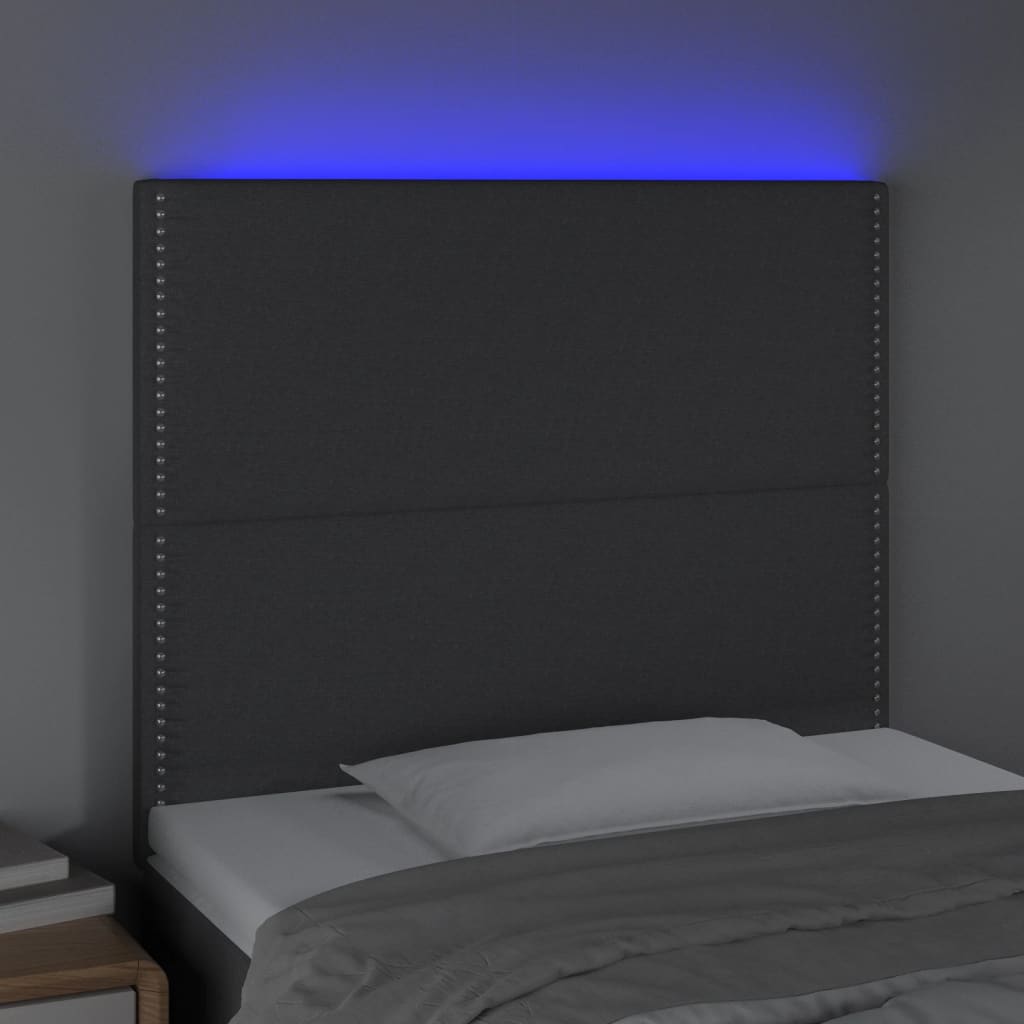 sengegavl med LED-lys 90x5x118/128 cm stof mørkegrå