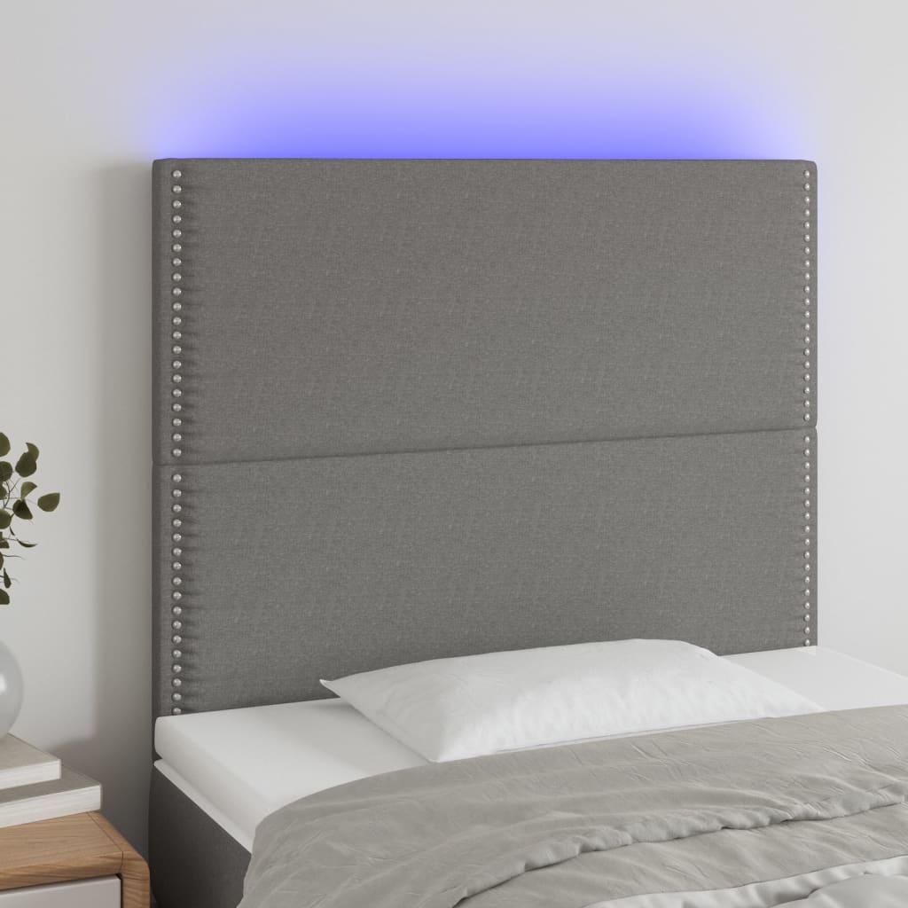 sengegavl med LED-lys 90x5x118/128 cm stof mørkegrå