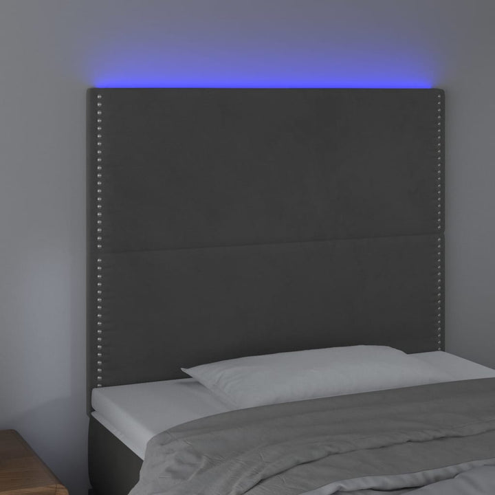 sengegavl med LED-lys 90x5x118/128 cm fløjl mørkegrå