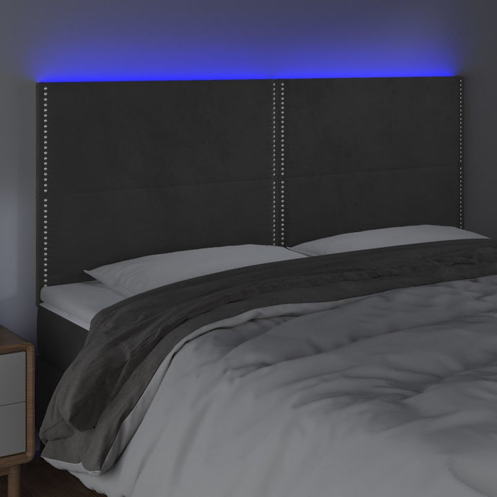 sengegavl med LED-lys 180x5x118/128 cm fløjl mørkegrå