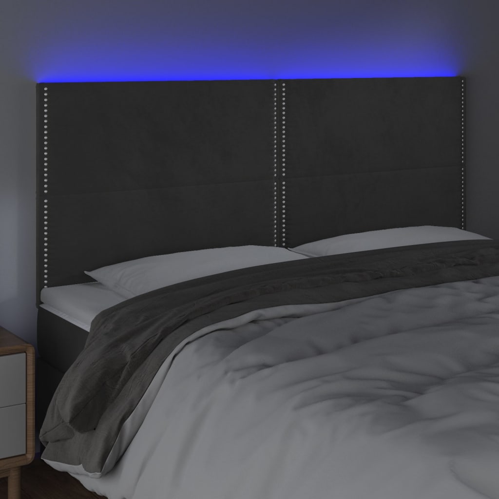 sengegavl med LED-lys 200x5x118/128 cm fløjl mørkegrå