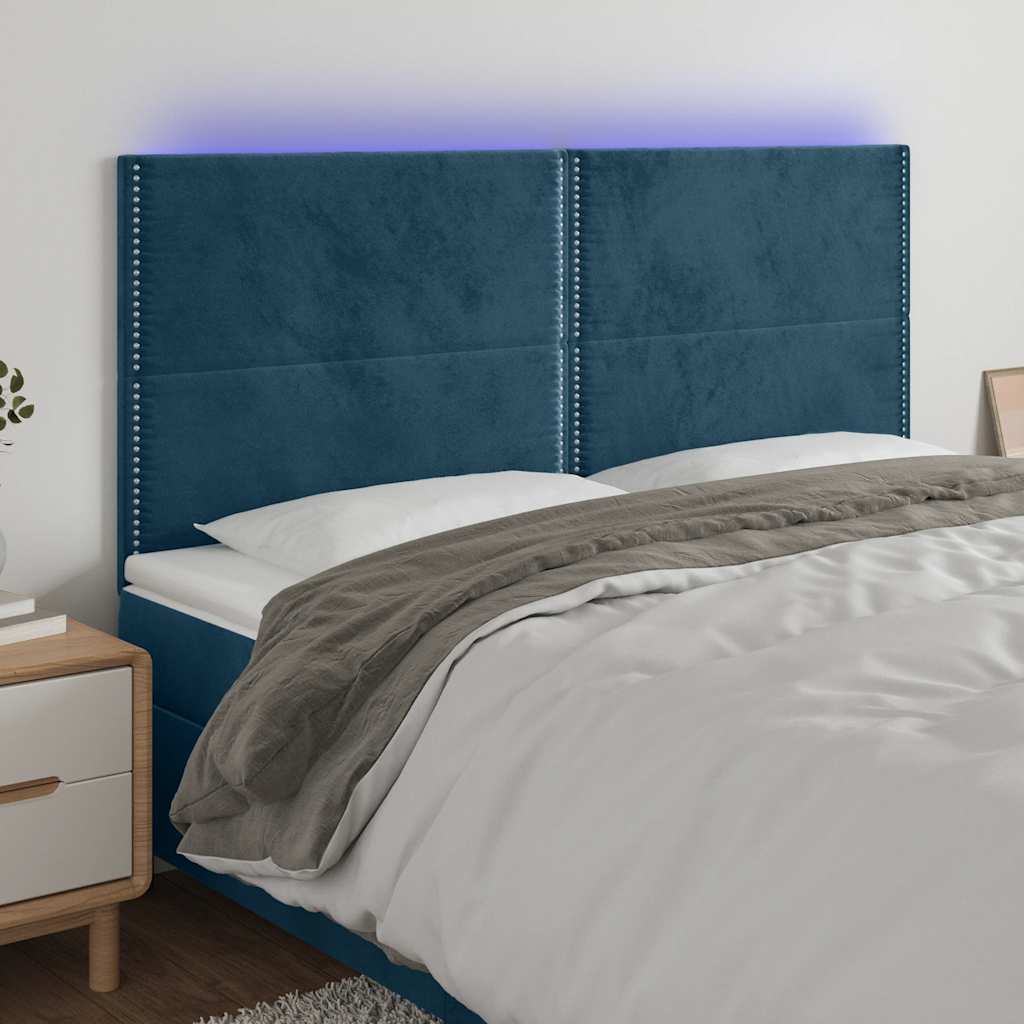 sengegavl med LED-lys 200x5x118/128 cm fløjl mørkeblå