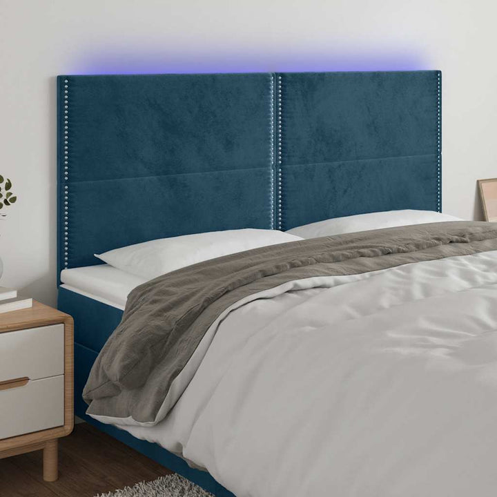 sengegavl med LED-lys 200x5x118/128 cm fløjl mørkeblå