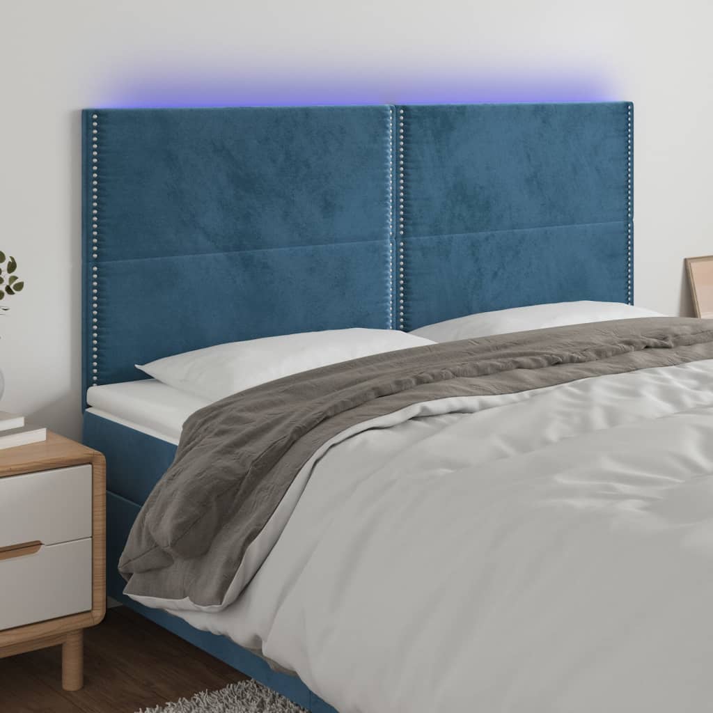 sengegavl med LED-lys 200x5x118/128 cm fløjl mørkeblå