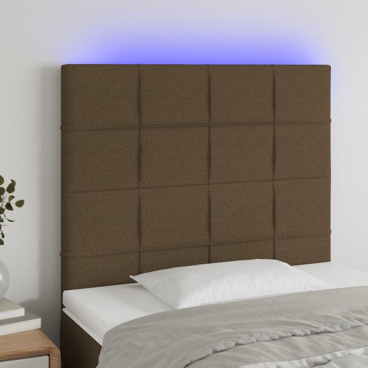 sengegavl med LED-lys 90x5x118/128 cm stof mørkebrun
