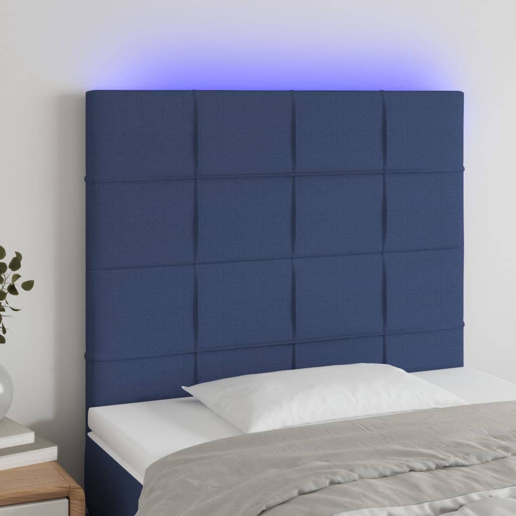 sengegavl med LED-lys 90x5x118/128 cm stof blå