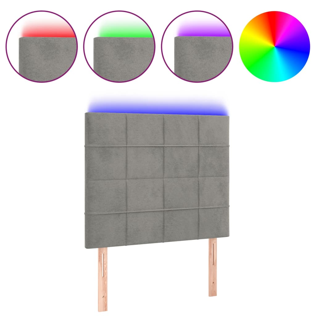 sengegavl med LED-lys 80x5x118/128 cm fløjl lysegrå