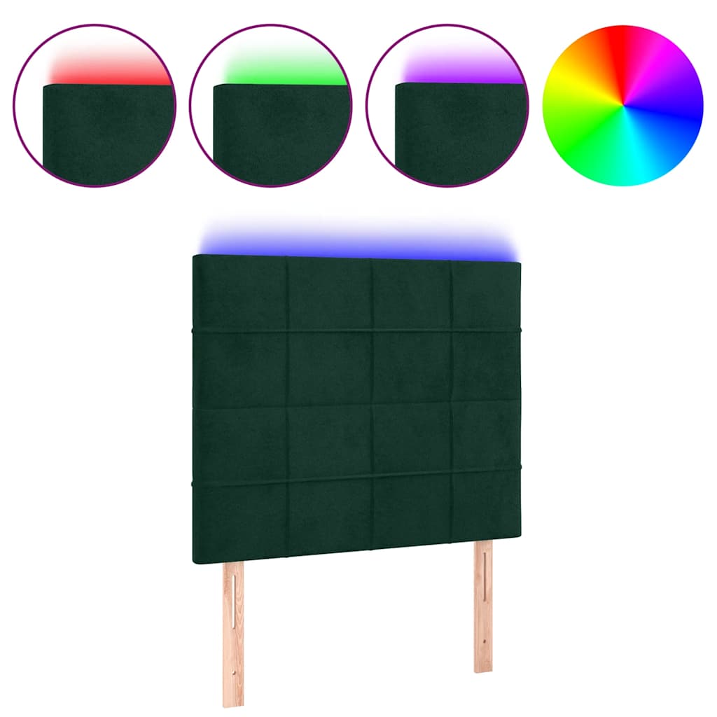 sengegavl med LED-lys 100x5x118/128 cm fløjl mørkegrøn