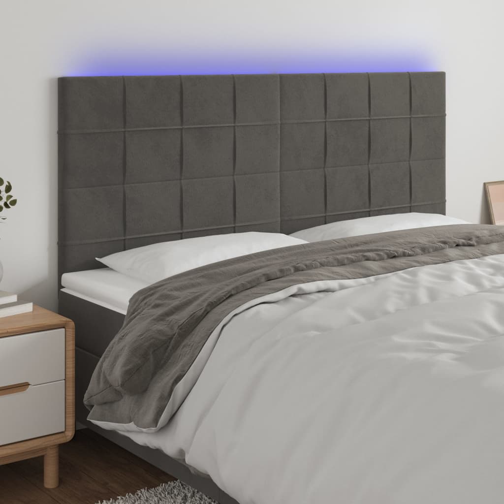 sengegavl med LED-lys 180x5x118/128 cm fløjl mørkegrå