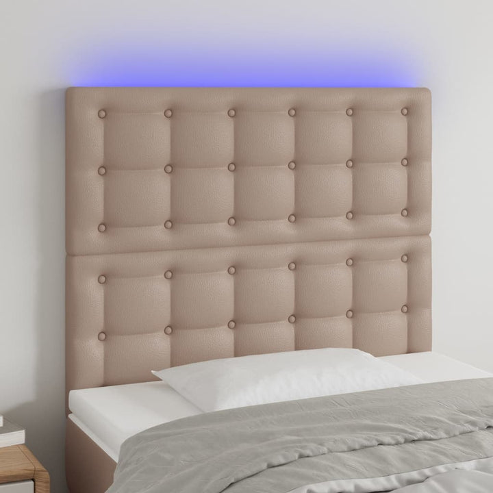 sengegavl med LED-lys 90x5x118/128 cm kunstlæder cappuccino