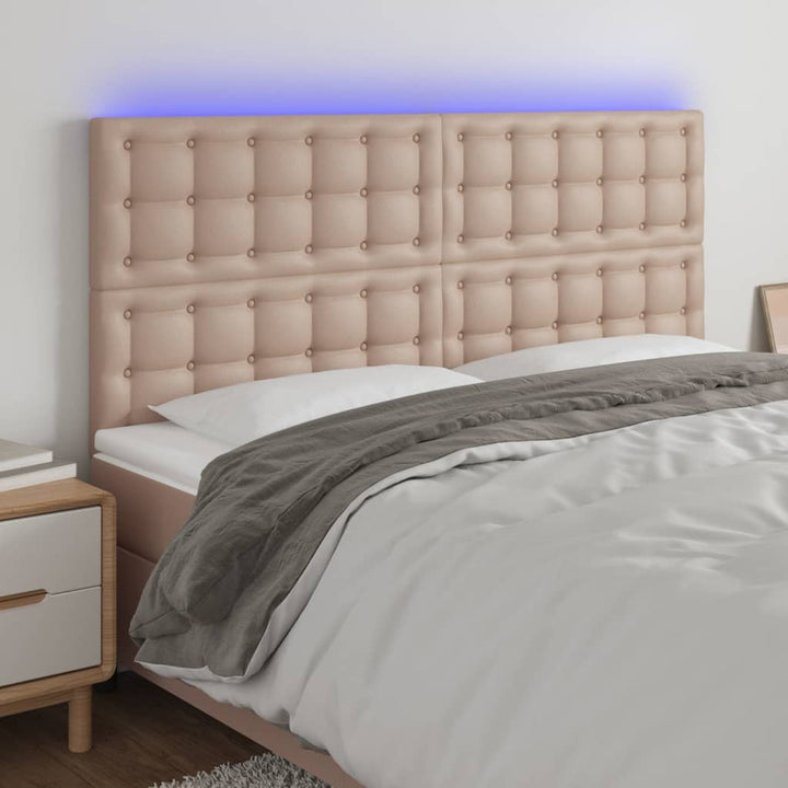 sengegavl med LED-lys 180x5x118/128 cm kunstlæder cappuccino