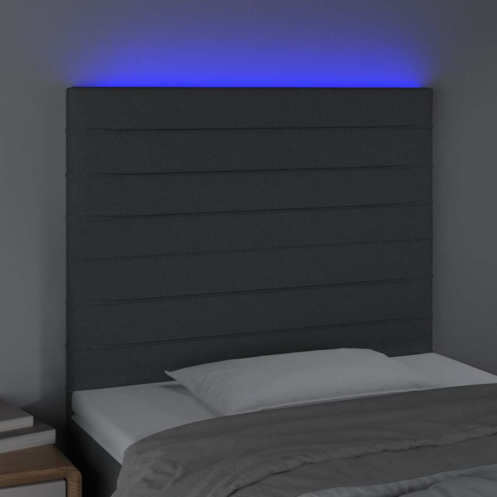 sengegavl med LED-lys 90x5x118/128 cm stof mørkegrå