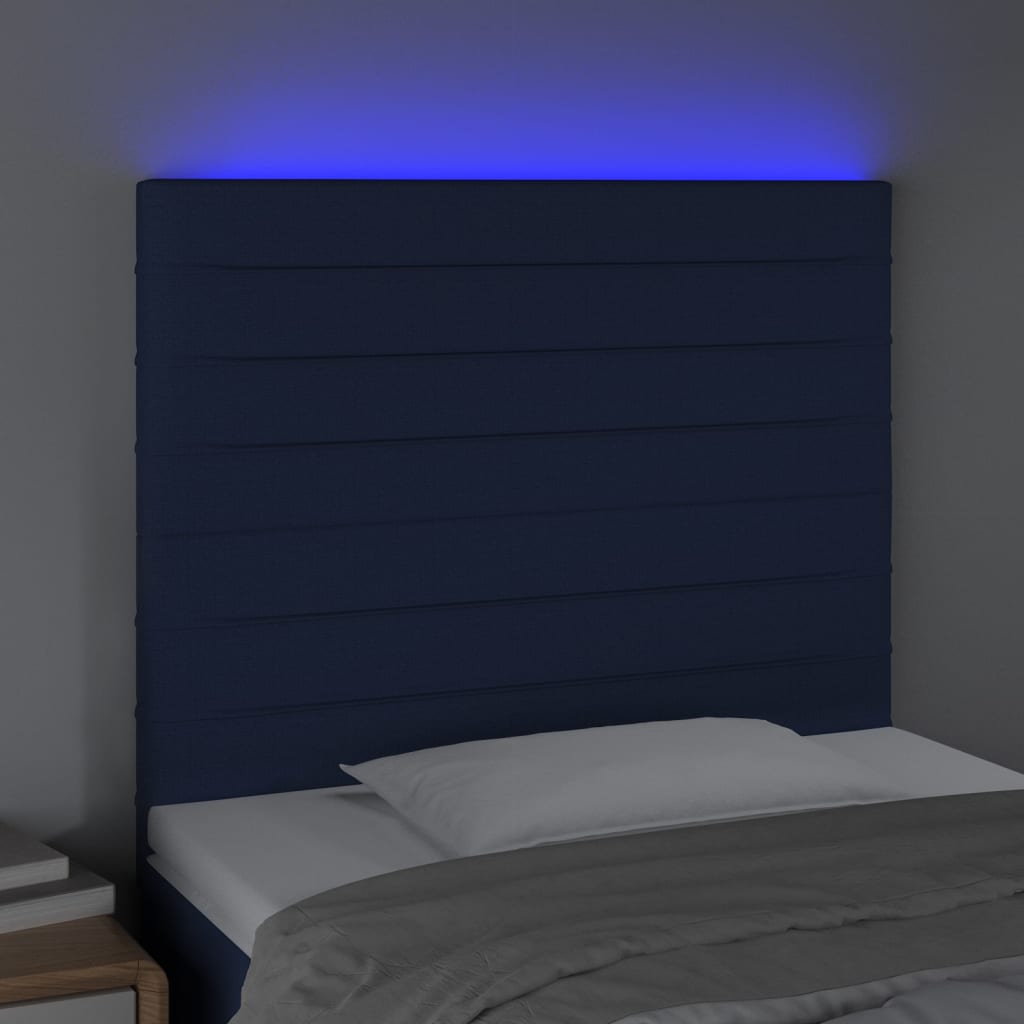 sengegavl med LED-lys 90x5x118/128 cm stof blå
