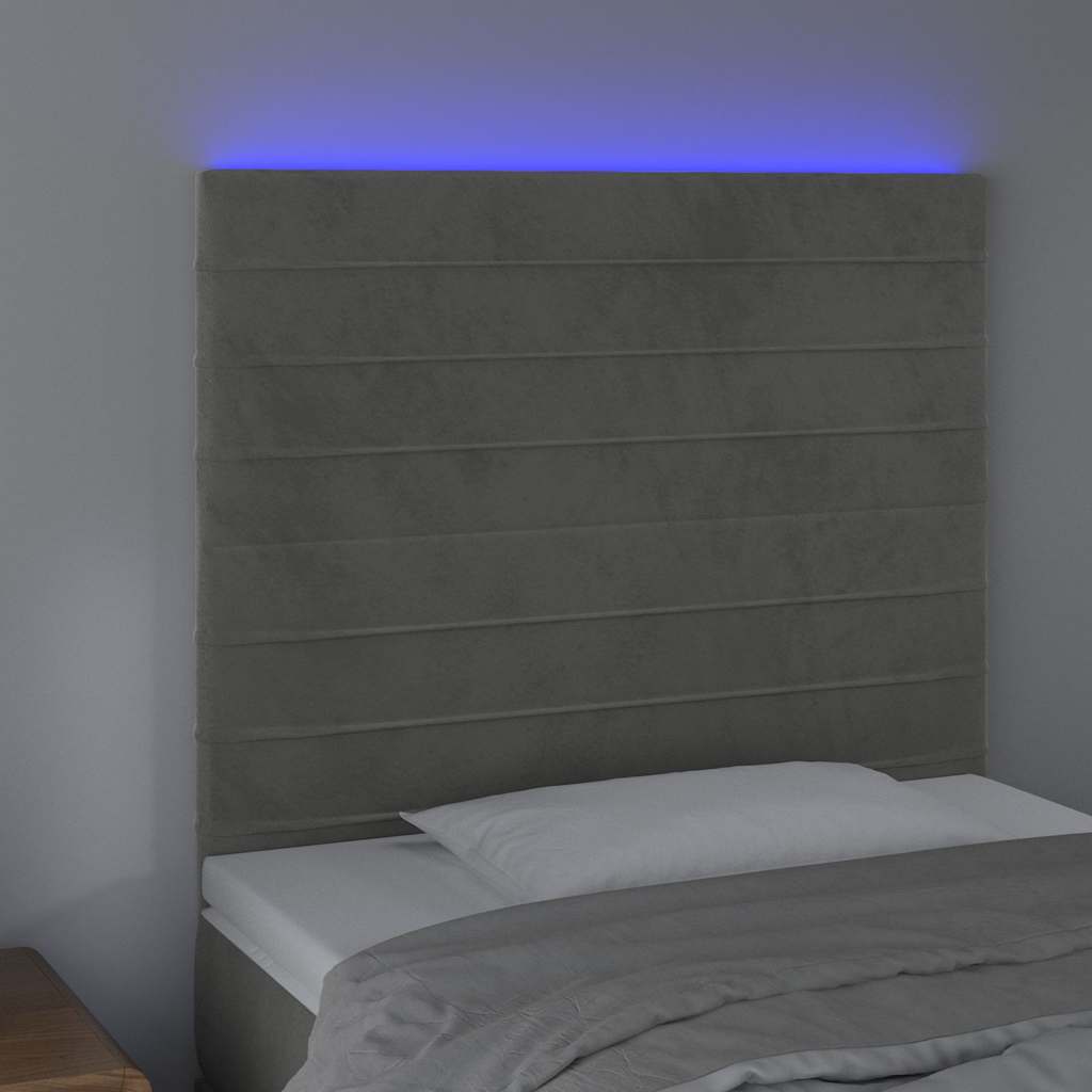 sengegavl med LED-lys 90x5x118/128 cm fløjl lysegrå