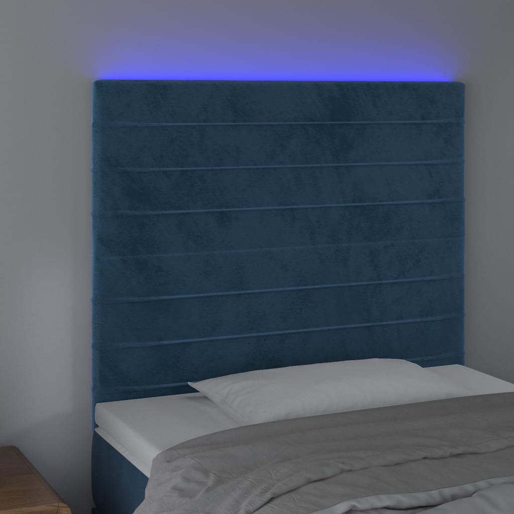 sengegavl med LED-lys 90x5x118/128 cm fløjl mørkeblå