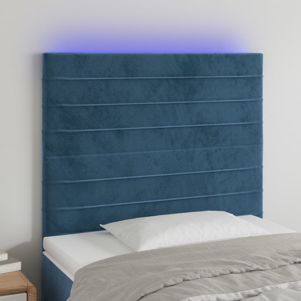 sengegavl med LED-lys 90x5x118/128 cm fløjl mørkeblå