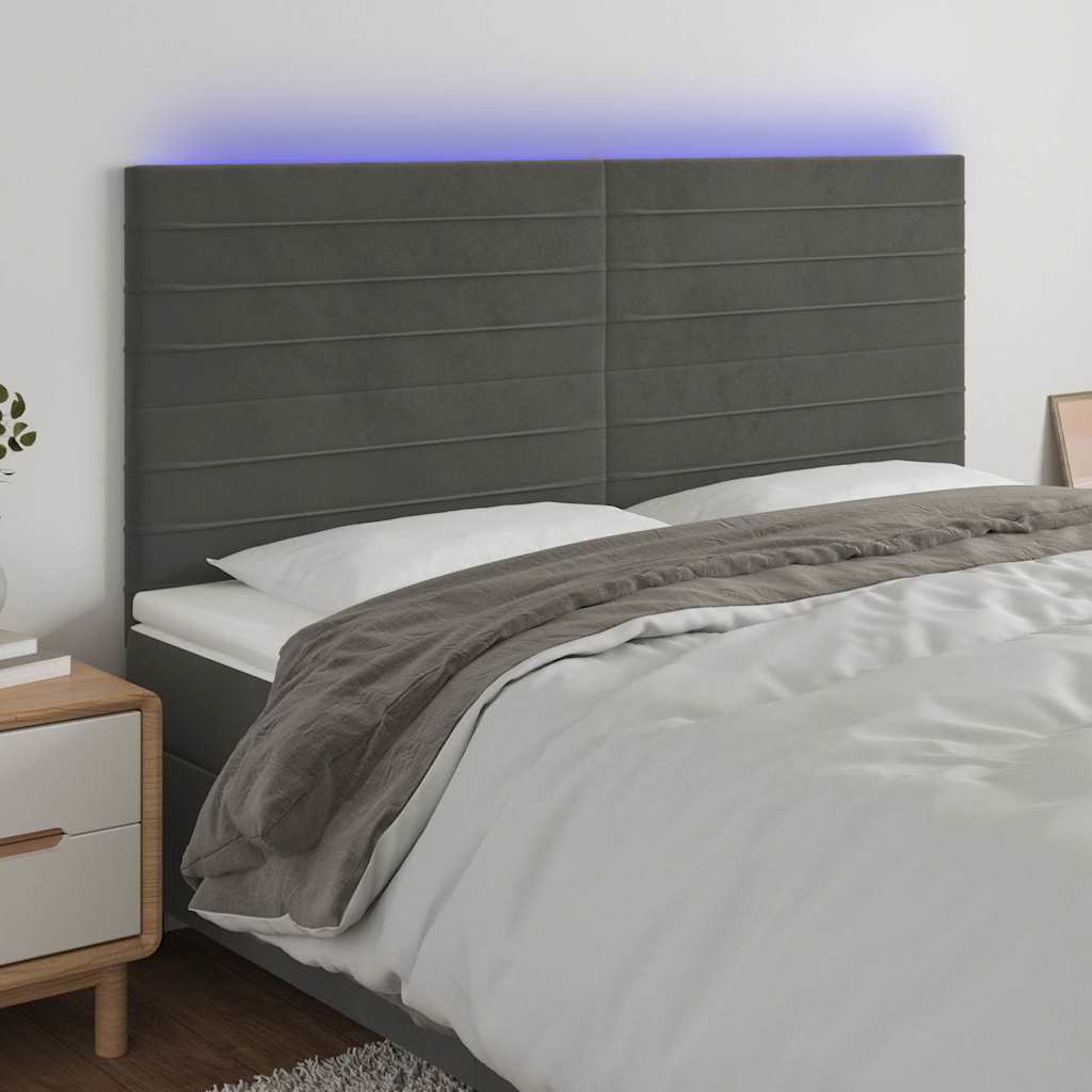 sengegavl med LED-lys 160x5x118/128 cm fløjl mørkegrå