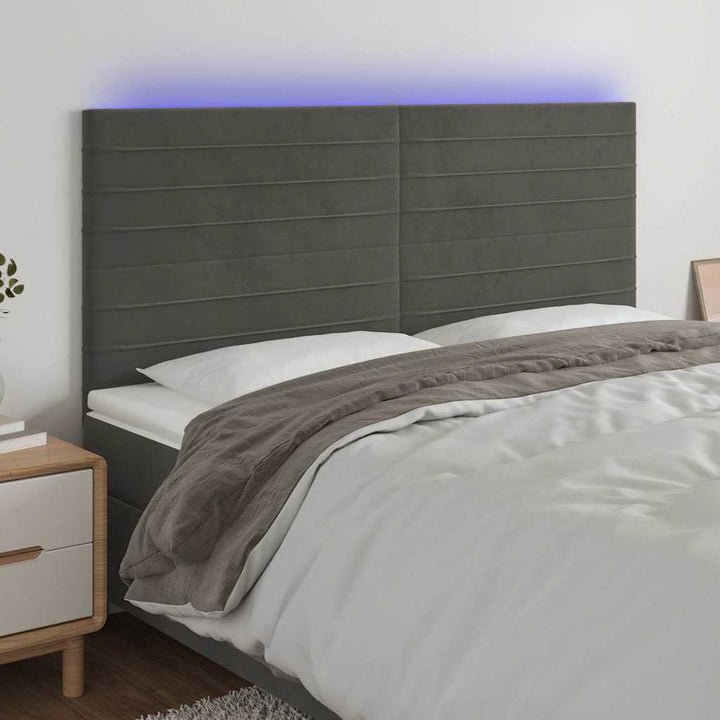 sengegavl med LED-lys 160x5x118/128 cm fløjl mørkegrå