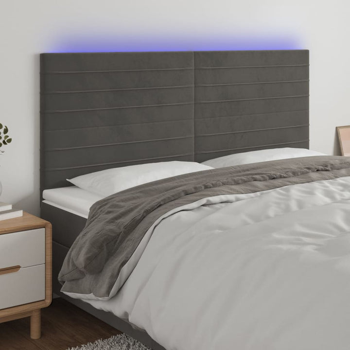 sengegavl med LED-lys 160x5x118/128 cm fløjl mørkegrå