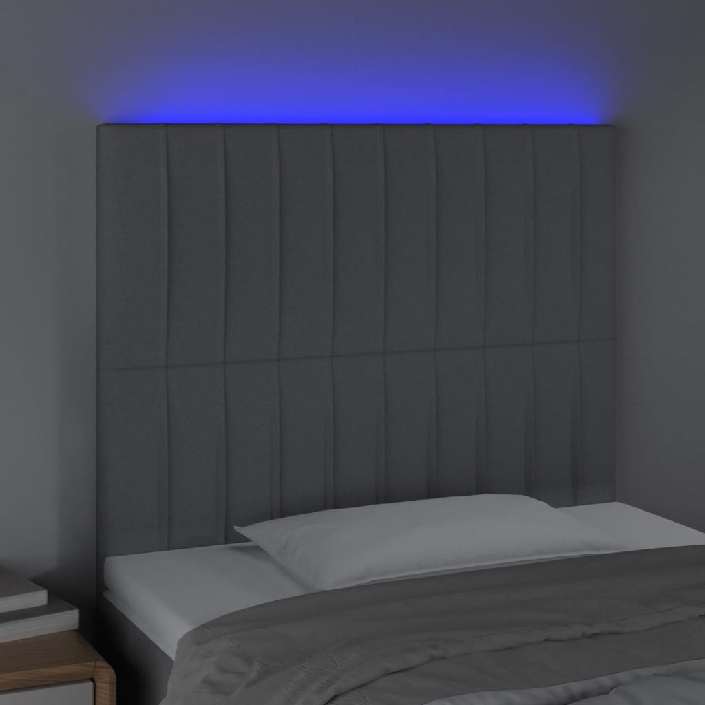 sengegavl med LED-lys 90x5x118/128 cm stof lysegrå