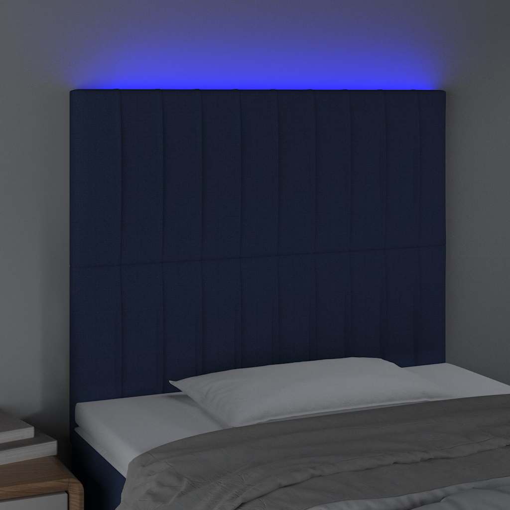 sengegavl med LED-lys 90x5x118/128 cm stof blå