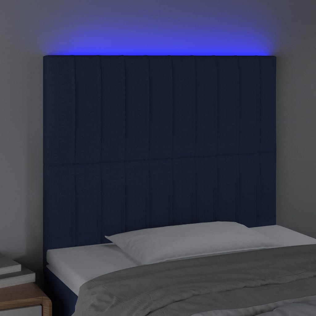 sengegavl med LED-lys 90x5x118/128 cm stof blå