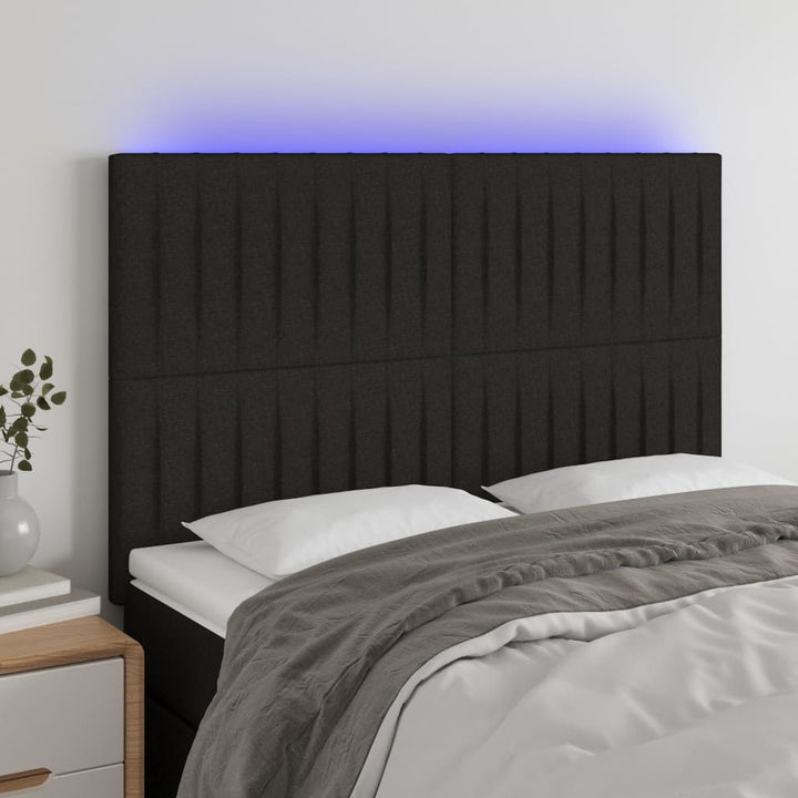 sengegavl med LED-lys 144x5x118/128 cm stof sort