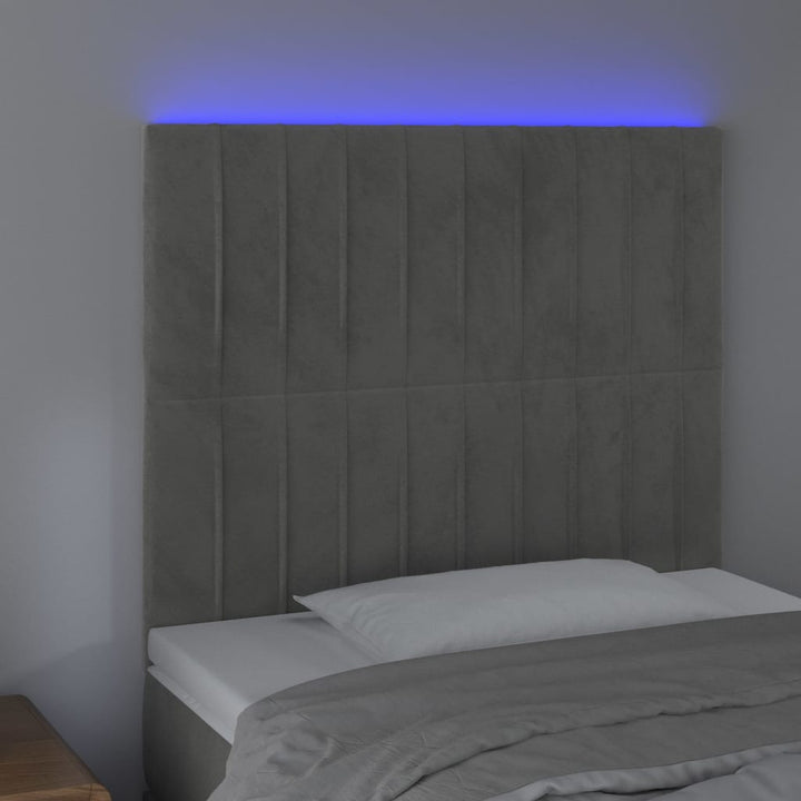 sengegavl med LED-lys 90x5x118/128 cm fløjl lysegrå