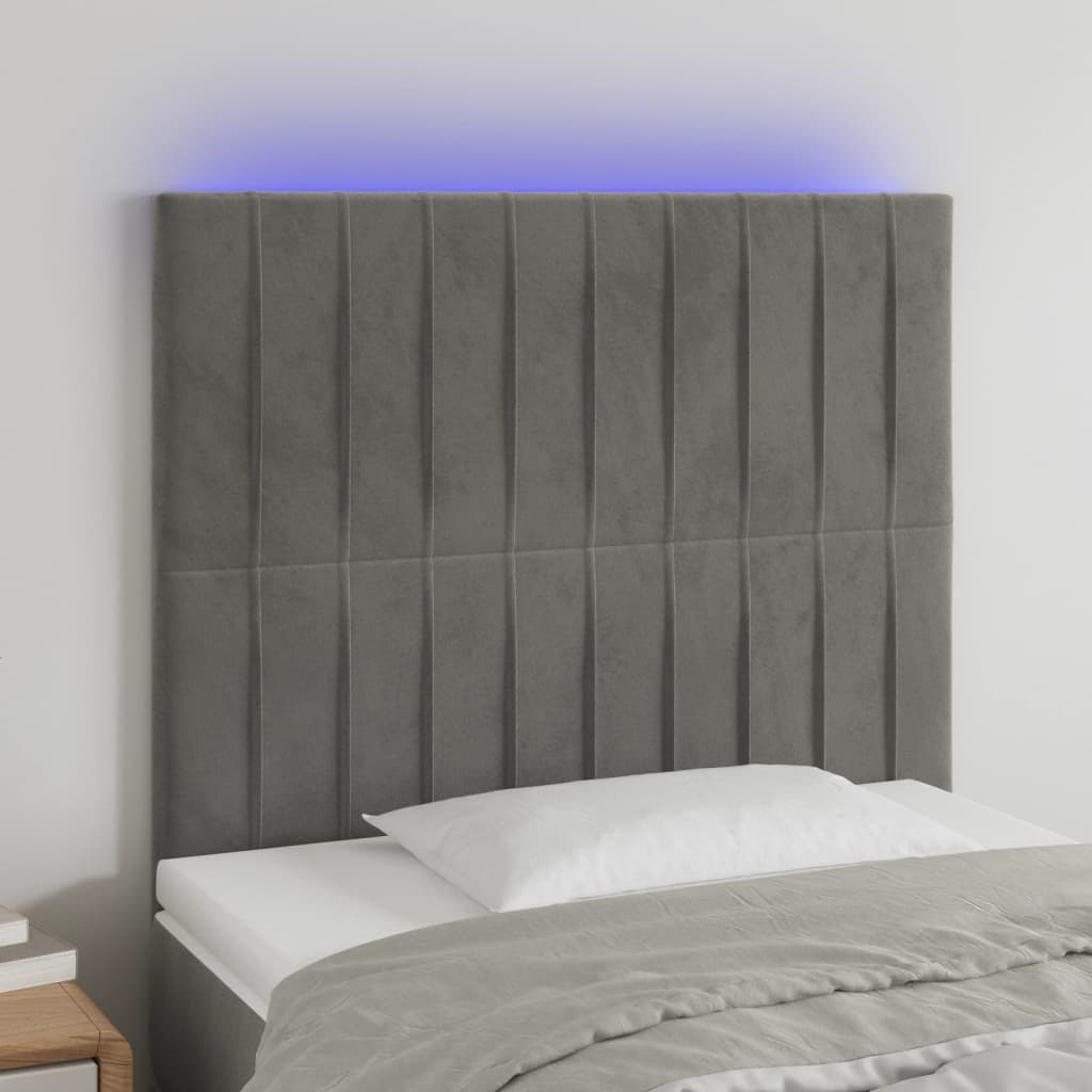 sengegavl med LED-lys 90x5x118/128 cm fløjl lysegrå