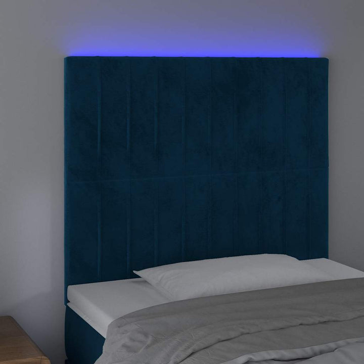 sengegavl med LED-lys 100x5x118/128 cm fløjl mørkeblå