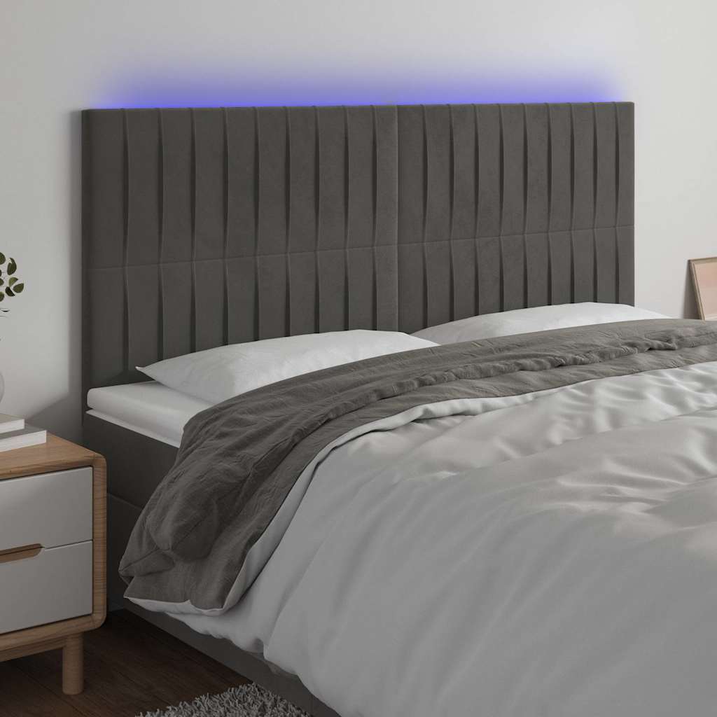 sengegavl med LED-lys 160x5x118/128 cm fløjl mørkegrå