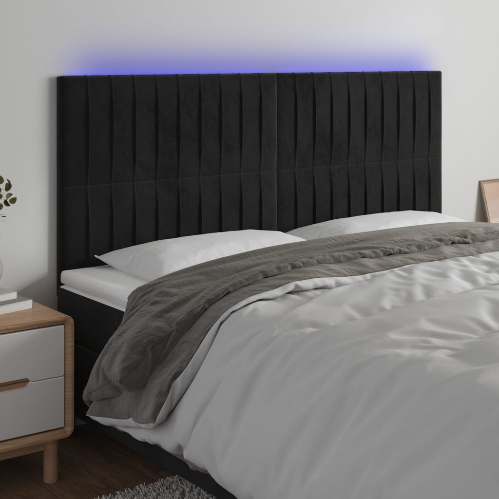 sengegavl med LED-lys 180x5x118/128 cm fløjl sort