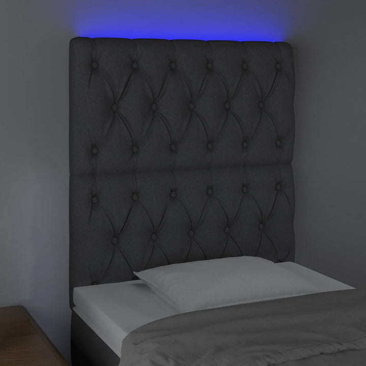sengegavl med LED-lys 80x7x118/128 cm stof mørkegrå