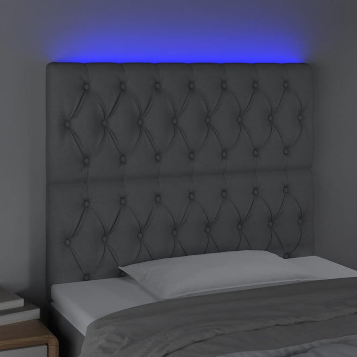 sengegavl med LED-lys 90x7x118/128 cm stof lysegrå