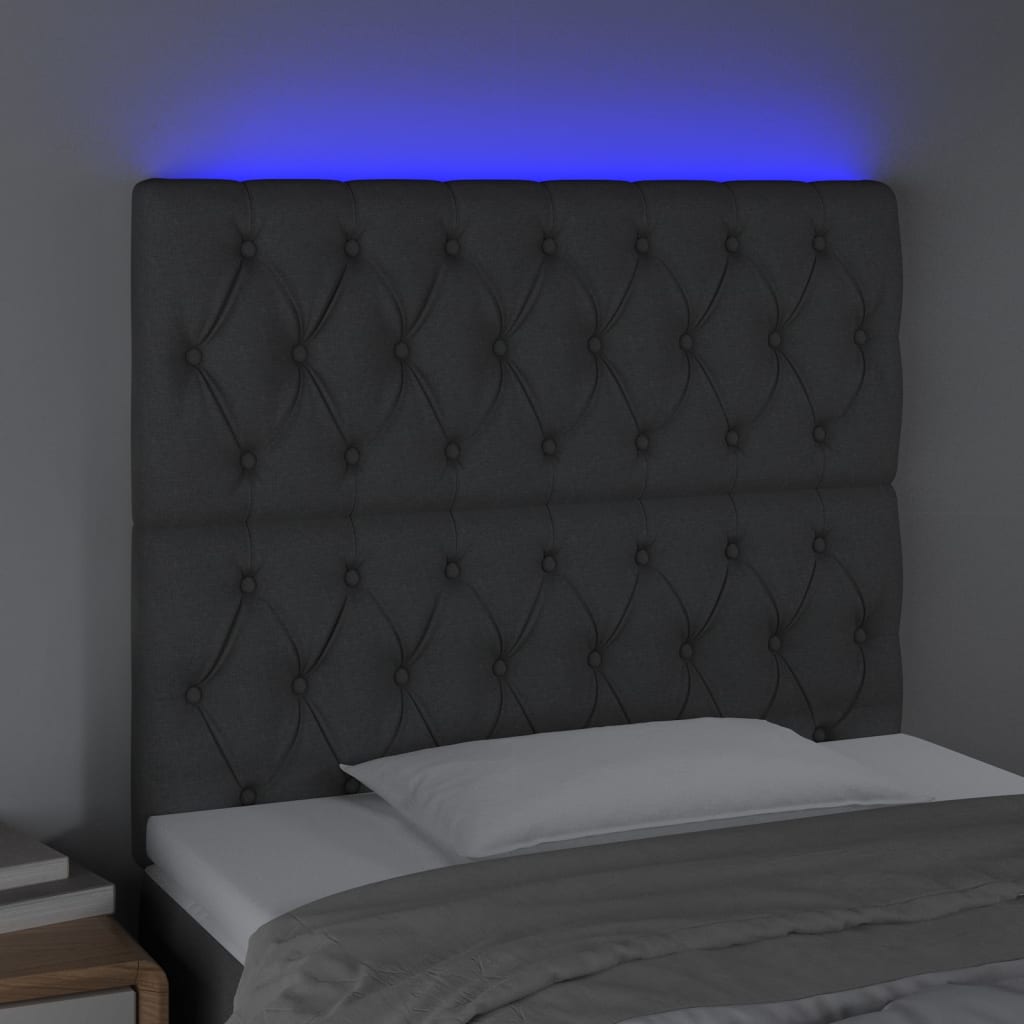 sengegavl med LED-lys 90x7x118/128 cm stof mørkegrå