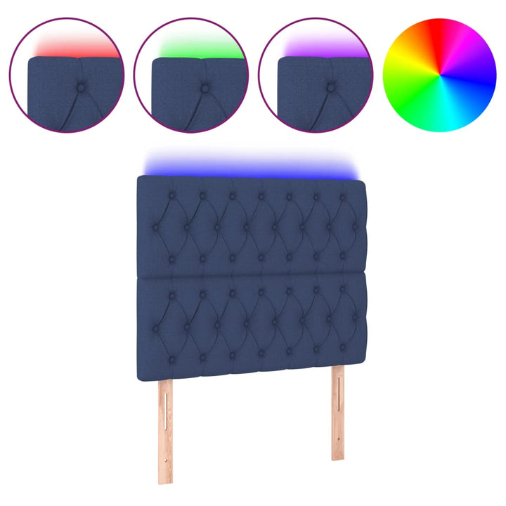 sengegavl med LED-lys 90x7x118/128 cm stof blå