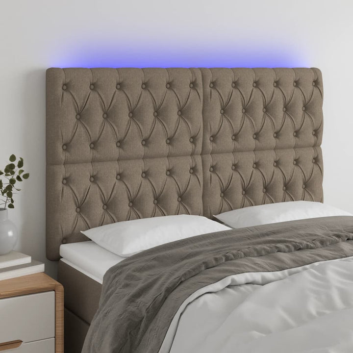 sengegavl med LED-lys 144x7x118/128 cm stof gråbrun