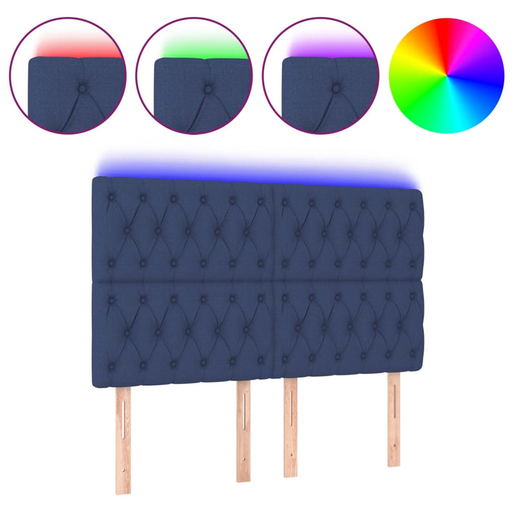 sengegavl med LED-lys 144x7x118/128 cm stof blå