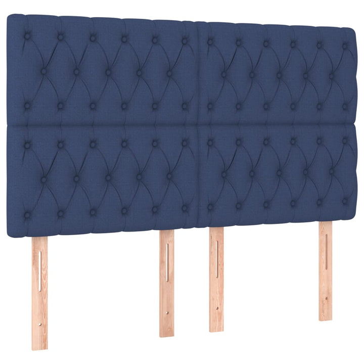 sengegavl med LED-lys 144x7x118/128 cm stof blå