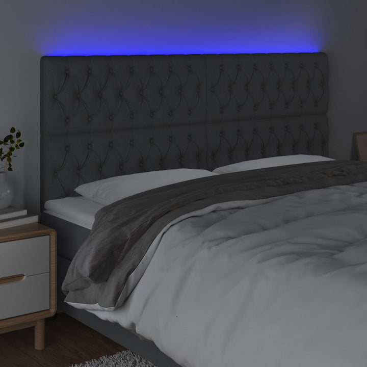 sengegavl med LED-lys 180x7x118/128 cm stof mørkegrå